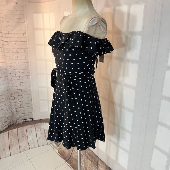 Zara NWT Black White Polka Dot Off Shoulder Tie Back Mini Sundress Size Small - Picture 6 of 12